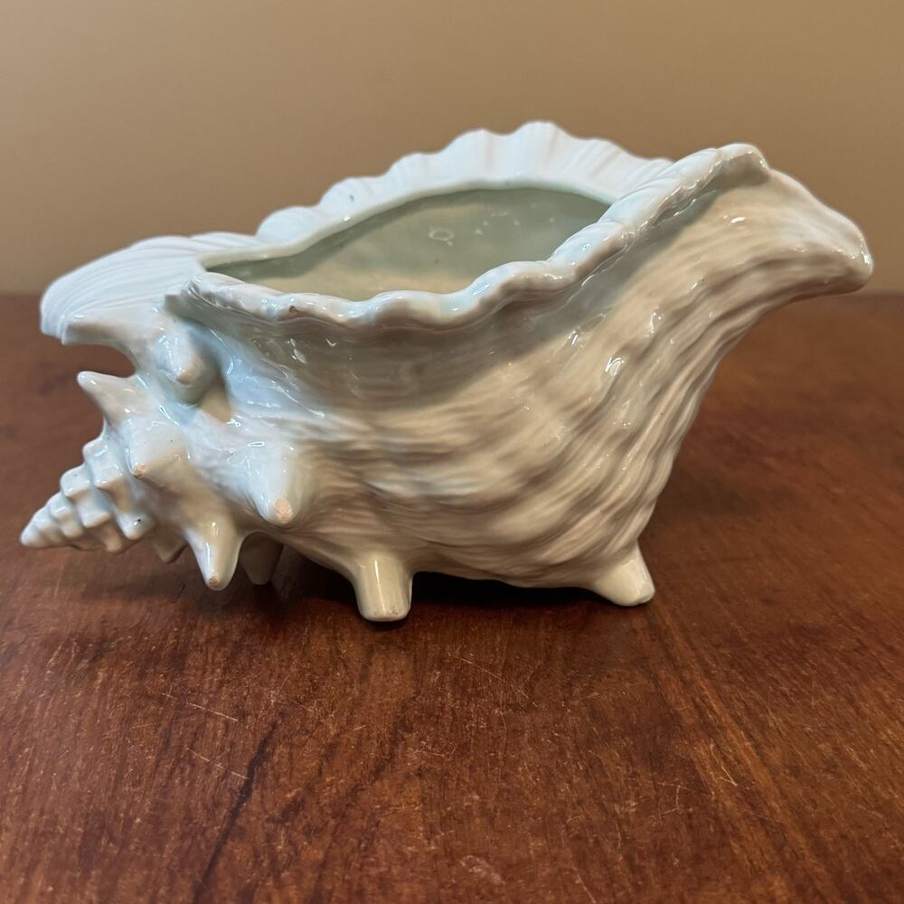 Vintage Atlantic Mold Conch Shell Planter Seafoam Ceramic Coastal Decor 10”